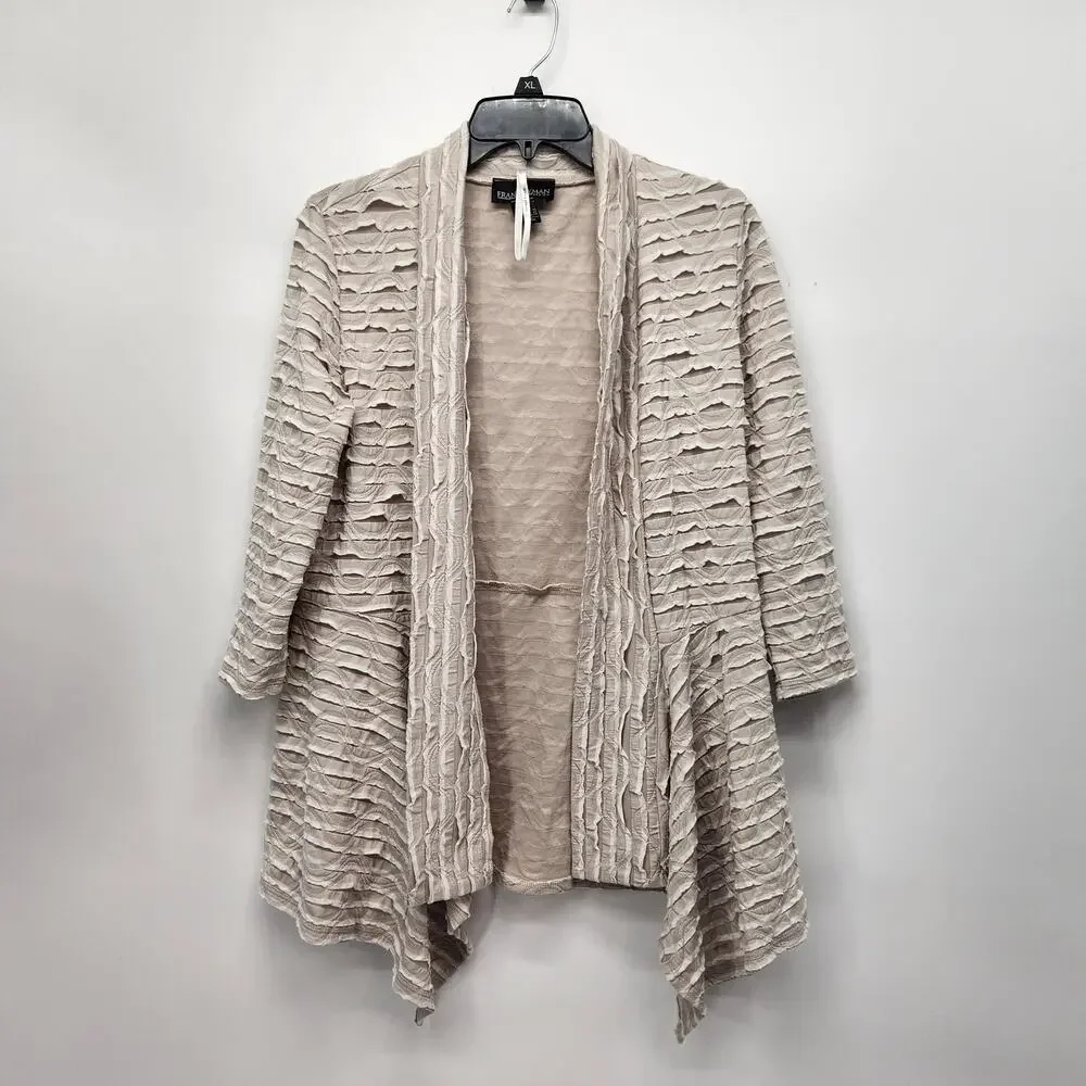 VTG. Frank Lyman Lagenlook Crinkle Ruffle Tan Open Front Cardigan Women's 12‎
